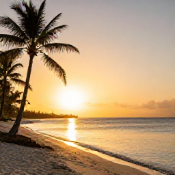 Caribbean Holidays, Cheap Cayman February, Golden sunset over a quiet Cayman Islands beach with palm trees and calm Caribbean waves
