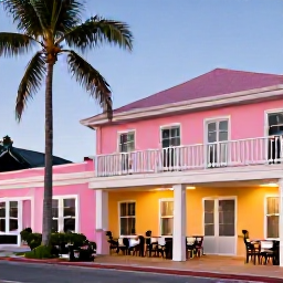 Caribbean Holidays, Cheap Cayman Holidays, A relaxed April evening in George Town, Grand Cayman, with pastel buildings, palm trees and diners enjoying a local meal