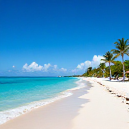 Caribbean Holidays, Cheap Cayman Holidays, A sunny October beach scene on Seven Mile Beach in Grand Cayman, with clear turquoise water, soft white sand and a few palm trees