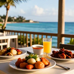 Caribbean Holidays, Cheap Cayman Holidays, Casual Cayman Islands restaurant overlooking the sea, serving fresh local seafood at an outdoor table in warm evening light