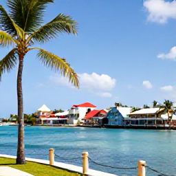 Caribbean Holidays, Cheap Cayman Holidays, Colourful George Town waterfront in Grand Cayman with palm trees, clear blue water and relaxed Caribbean atmosphere