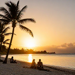 Caribbean Holidays, Cheap Cayman Holidays, Golden sunset over a quiet Grand Cayman beach with palm silhouettes and travellers enjoying a peaceful evening