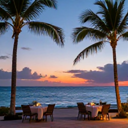 Caribbean Holidays, Cheap Cayman Holidays, Relaxed Cayman Islands evening with outdoor dining, palm trees and a colourful sunset over the Caribbean Sea
