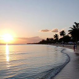 Caribbean Holidays, Cheap Cayman Holidays, Seven Mile Beach at sunset, with calm clear water, soft golden light and visitors walking along the shoreline