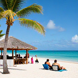 Caribbean Holidays, Cheap Cayman Holidays, Travellers relaxing on Seven Mile Beach, Grand Cayman, with calm turquoise sea, palm trees and a casual beachfront caf&eacute;