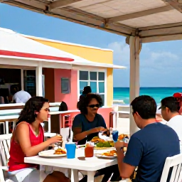 Caribbean Holidays, Cheap Cayman November, A friendly beachfront caf&eacute; in George Town, Grand Cayman, with local seafood, colourful buildings and travellers enjoying an affordable lunch