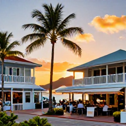 Caribbean Holidays, Cheap Cayman November, Relaxed sunset scene at Camana Bay in Grand Cayman, with palm trees, waterfront restaurants and people browsing shops