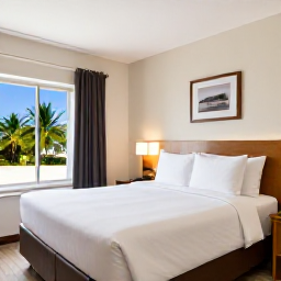 Caribbean Holidays, Cheap Cayman September, A comfortable budget-friendly hotel room near the beach in Grand Cayman, with simple furnishings, bright natural light and a view of tropical greenery