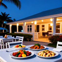 Caribbean Holidays, Cheap Cayman September, A friendly local restaurant in George Town, Grand Cayman, serving fresh seafood and Caribbean dishes at outdoor tables in the early evening