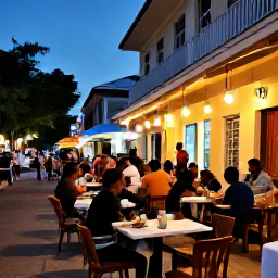 Caribbean Holidays, Cheap City Breaks, Friendly evening street scene in a Caribbean city with outdoor tables, warm lights, local diners and live music