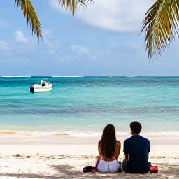 Caribbean Holidays, Cheap City Breaks, Relaxed Caribbean city beach with clear turquoise water, small boats, palm trees and a budget-conscious couple enjoying the view