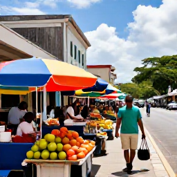 Caribbean Holidays, Cheap City Breaks, Traveller walking through a colourful Caribbean market with local fruit stalls, street food and historic buildings