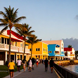 Caribbean Holidays, Cheap City Breaks, Vibrant Caribbean city waterfront at golden hour, colourful buildings, palm trees and travellers exploring on foot
