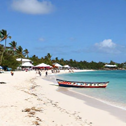 Caribbean Holidays, Cheap Cooking Holidays, A budget-friendly Caribbean beach near a lively local village, with palm trees, clear blue water, colourful fishing boats and relaxed travellers