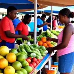 Caribbean Holidays, Cheap Cooking Holidays, A colourful Caribbean market with fresh tropical fruit, vegetables, herbs and spices, friendly local shoppers and warm natural light