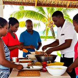 Caribbean Holidays, Cheap Cooking Holidays, A friendly small-group Caribbean cooking class in an open-air kitchen, with a local chef demonstrating island recipes and visitors preparing food together