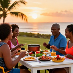 Caribbean Holidays, Cheap Cooking Holidays, Travellers cooking and eating a colourful Caribbean dinner outdoors at sunset, with a simple table, local dishes and a welcoming island atmosphere