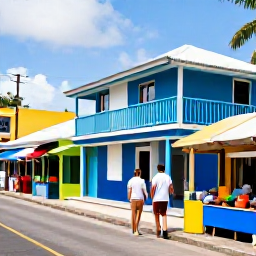 Caribbean Holidays, Cheap Couples Holidays, Couple enjoying a scenic Caribbean holiday with a small guesthouse, local market and colourful island street in daylight