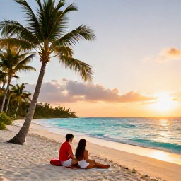 Caribbean Holidays, Cheap Couples Holidays, Couple relaxing together on a quiet Caribbean beach at sunset, warm turquoise sea, palm trees and comfortable but affordable surroundings