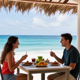 Caribbean Holidays, Cheap Couples Holidays, Couple sharing breakfast at a simple beachfront caf&eacute; in the Caribbean, colourful local food, sea view and relaxed morning atmosphere