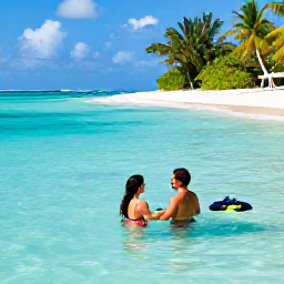 Caribbean Holidays, Cheap Couples Holidays, Couple swimming in clear Caribbean water near a sandy beach, with snorkelling equipment and a relaxed tropical holiday setting