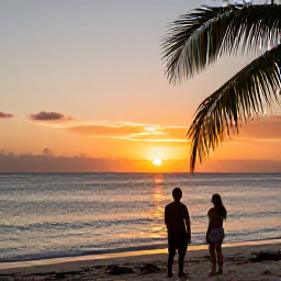 Caribbean Holidays, Cheap Couples Holidays, Couple watching a colourful Caribbean sunset from a peaceful beach, gentle waves, palm silhouettes and warm evening light