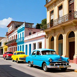 Caribbean Holidays, Cheap Cuba April, Colourful classic American cars beside colourful colonial buildings in Havana, Cuba, on a bright April day