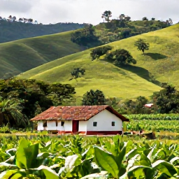 Caribbean Holidays, Cheap Cuba April, Cuban countryside with green hills, tobacco fields and a traditional farmhouse near Vi&ntilde;ales in spring sunshine