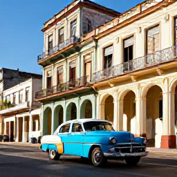 Caribbean Holidays, Cheap Cuba August, Colourful classic car driving past colonial buildings in Old Havana during warm August weather