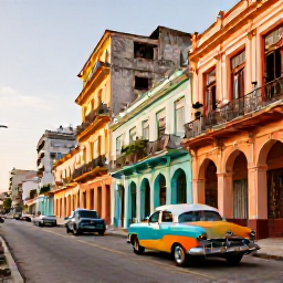 Caribbean Holidays, Cheap Cuba December, Colourful classic American cars and pastel colonial buildings along a lively street in Havana, Cuba