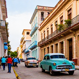 Caribbean Holidays, Cheap Cuba February, Colourful classic American cars on a historic street in Havana, Cuba, with colonial buildings and people enjoying the afternoon