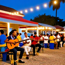 Caribbean Holidays, Cheap Cuba February, Cuban travellers enjoying live music and colourful food at an outdoor evening market in Trinidad, Cuba