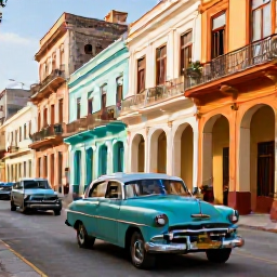 Caribbean Holidays, Cheap Cuba Holidays, Colourful classic American cars passing colourful colonial buildings in Old Havana during a warm, sunny afternoon
