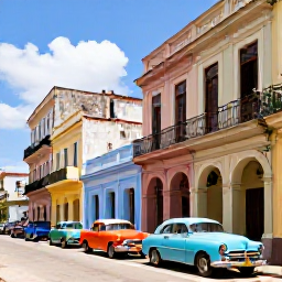 Caribbean Holidays, Cheap Cuba Holidays, Colourful classic cars parked beside pastel colonial buildings in a sunny Havana street