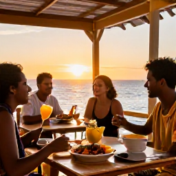 Caribbean Holidays, Cheap Cuba Holidays, Friendly Cuban caf&eacute; terrace with local food, fresh fruit and travellers enjoying an evening in warm golden light
