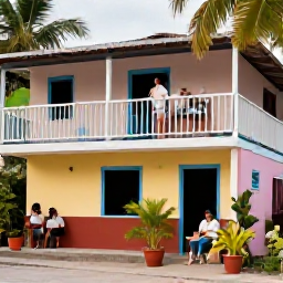 Caribbean Holidays, Cheap Cuba Holidays, Friendly Cuban travel scene with a small guesthouse, tropical plants and visitors enjoying a relaxed June holiday