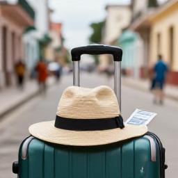 Caribbean Holidays, Cheap Cuba Holidays, Practical Cuba travel scene with a small suitcase, sun hat, travel documents and Cuban street background