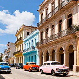 Caribbean Holidays, Cheap Cuba January, Colourful classic cars and historic pastel buildings along a sunny street in Old Havana, Cuba
