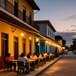 Caribbean Holidays, Cheap Cuba January, Friendly Cuban street scene with local caf&eacute;s, colourful buildings and visitors enjoying a warm January evening