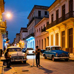 Caribbean Holidays, Cheap Cuba January, Lively evening scene in Havana with musicians, old American cars, colourful buildings and warm street lights