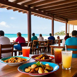 Caribbean Holidays, Cheap Cuba July, A shaded Cuban restaurant terrace serving traditional food, with colourful plates, local drinks and friendly island atmosphere