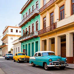 Caribbean Holidays, Cheap Cuba July, Colourful classic American cars and pastel colonial buildings on a Havana street in warm July sunshine
