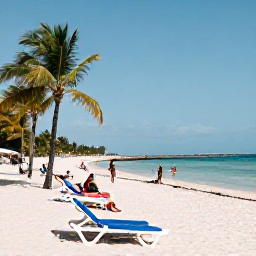 Caribbean Holidays, Cheap Cuba July, Varadero beach in Cuba with calm blue sea, sun loungers, palm trees and visitors enjoying a July holiday