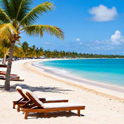 Caribbean Holidays, Cheap Cuba May, Quiet Cuban beach resort with bright blue sea, sun loungers and tropical greenery