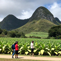 Caribbean Holidays, Cheap Cuba May, Travellers exploring a lush Cuban valley with tobacco fields and limestone hills near Vi&ntilde;ales