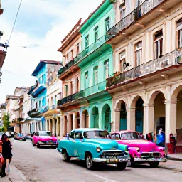 Caribbean Holidays, Cheap Cuba November, Colourful classic American cars on a street in Old Havana, Cuba, with colonial buildings and local life