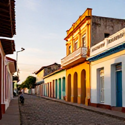 Caribbean Holidays, Cheap Cuba November, Colourful colonial street in Trinidad, Cuba, with cobbled road, historic buildings and warm afternoon light