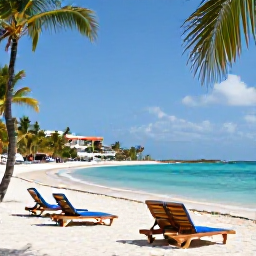 Caribbean Holidays, Cheap Cuba November, Relaxed Varadero beach resort in Cuba with palm trees, clear blue water and sun loungers