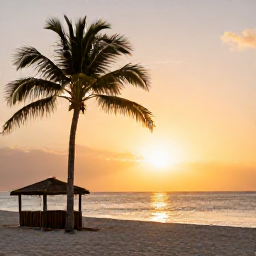 Caribbean Holidays, Cheap Cuba October, Golden sunset over a calm Cuban beach with palm trees and a small local beach bar