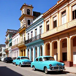 Caribbean Holidays, Cheap Cuba September, Classic American cars and colourful colonial buildings along a lively street in Havana, Cuba